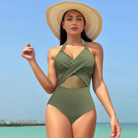 Solid Mesh V-neck One Piece Set