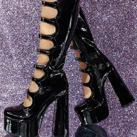 Platform Patent Leather Gothic Buckle Tall Boot