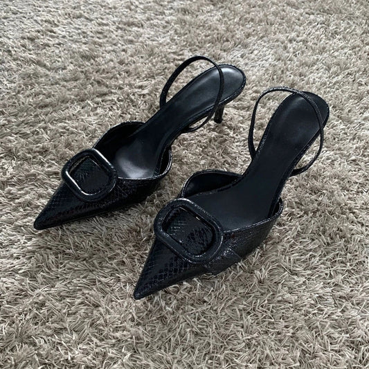 Dark Leather Pointed Toe Mysterious Stiletto