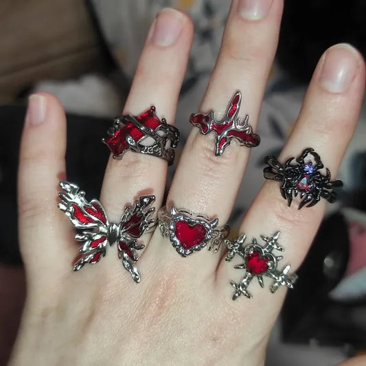 Y2K Gothic Animal Spider Crimson Crystal Ring