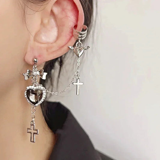 Rebel Antique Metal Cross Dark Heart Earring