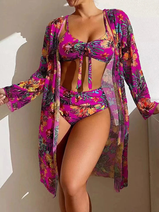 Floral Knot Front Long Sleeve Two Piece Set