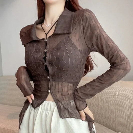See Through Long Sleeve Turn-down Collar Bloshope