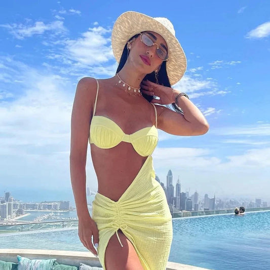 Ruched Hollow Yellow Beach Bikini Set