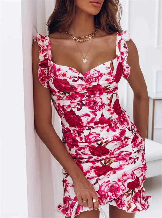 V-neck Sleeveless Ruffle Floral Printed Bodycon Floral Dress