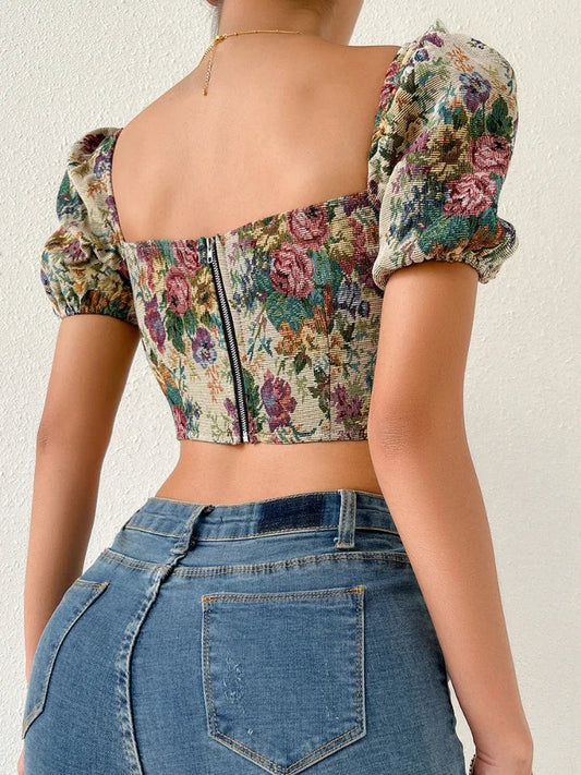 French Floral Corset Lace Up Bshoptier Crop Top