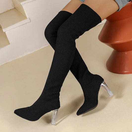 Sexy Pointed Slim Black Over The Knee Plshop Size Transparent High Heel Knee High Boot