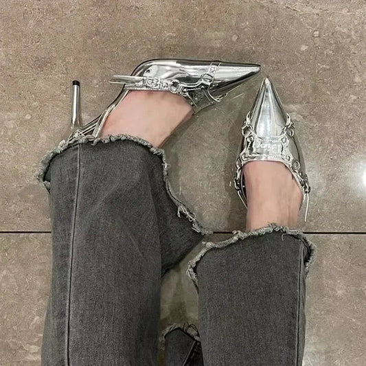 Y2K Silver Rebel Gothic Pointed Toe Tall Heel