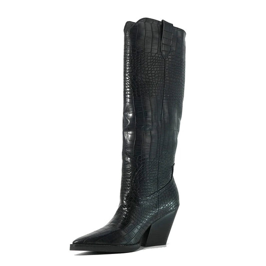 Dark Pointed Broad Heeled Oversized Western Boot