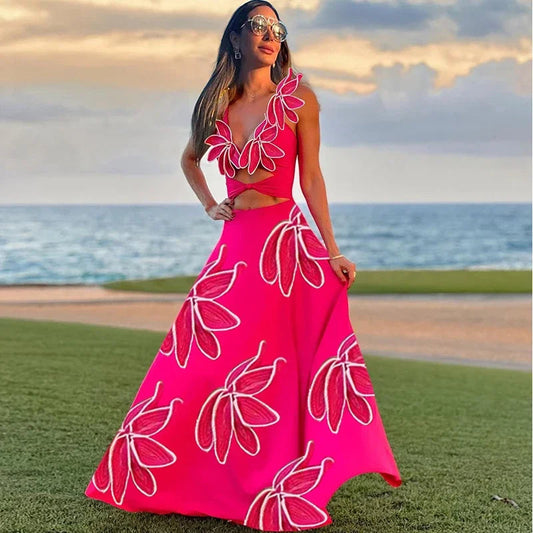 3D Flower Neck Skirt Two Piece Set