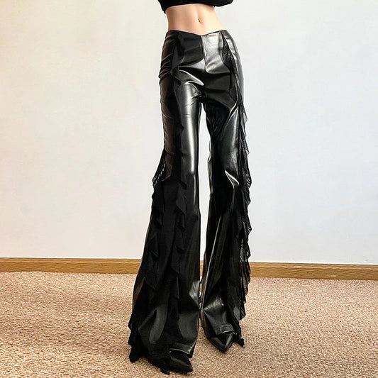 Tall Waist Gothic False PU Mesh Pant