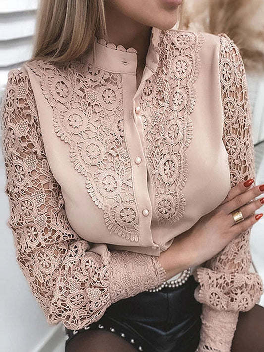 Lace Patchwork Hollow Out Button-Up Office Bloshope