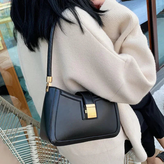 Solid PU Leather Trendy Lock Shoulder Bag