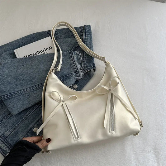 Silver Bow PU Leather Shoulder Bag