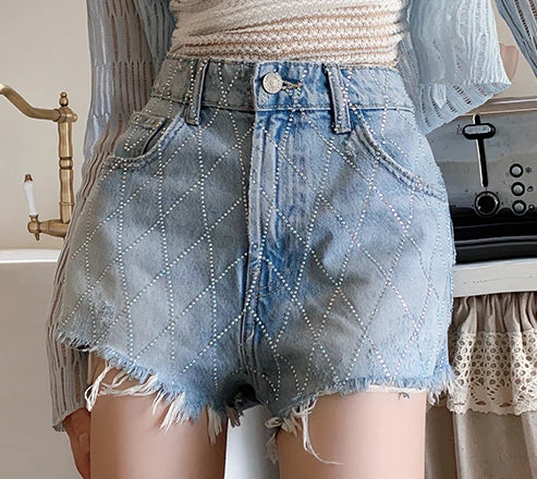 Crossed Frayed Washed Denim Short