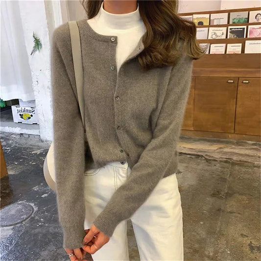 Single Breasted Solid Round Neck Knitted Cardigan