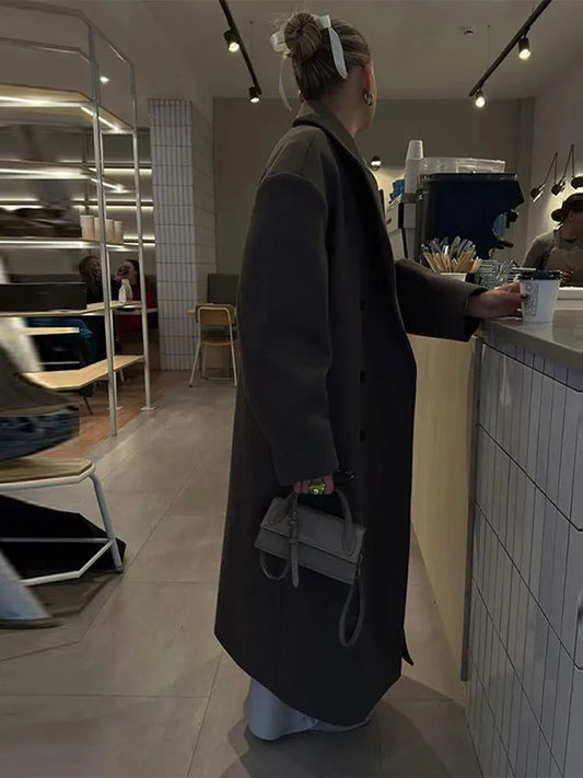 Solid Double-Breasted Turn-Down Overcoat