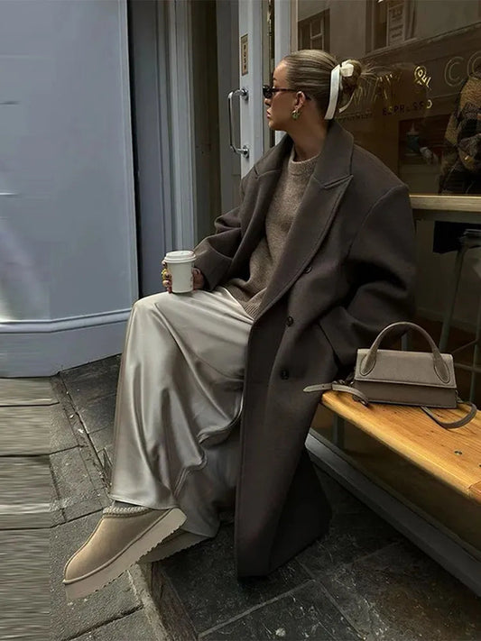 Solid Double-Breasted Turn-Down Overcoat