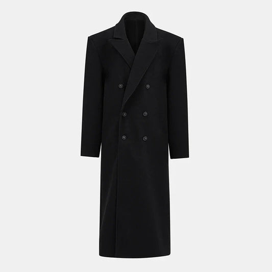 Lapel Woolen Double-Breasted Shoulder Pad Overcoat