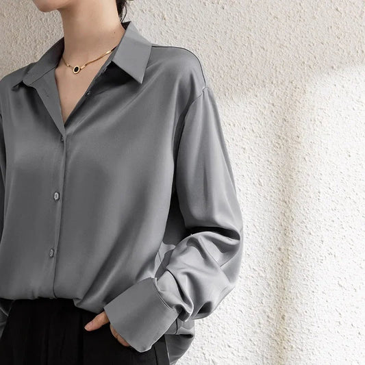 Solid Satin Drape Loose Long Sleeve Office Lady Bloshope