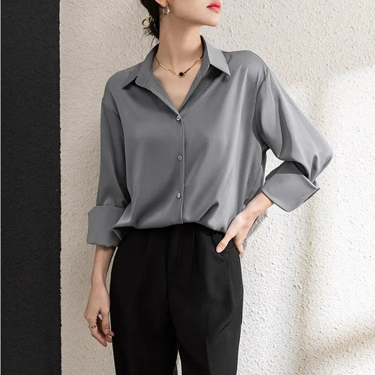 Solid Satin Drape Loose Long Sleeve Office Lady Bloshope