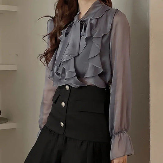 Sweet Bow Chiffon Casual Long Sleeve Bloshope