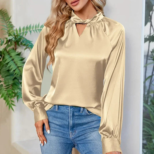 Silk Y2K White V-neck Long Sleeve Bloshope