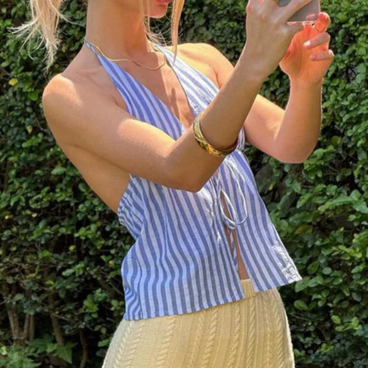 Striped Front Tie Halter Low Cut Crop Top