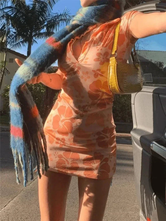 V-Neck Stitched Print Mini Dress