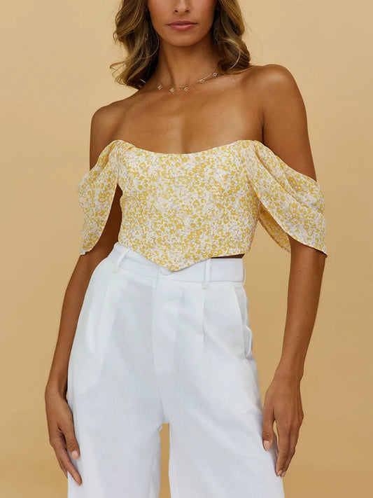 Floral Scooped Neck Off-Shoulder Zipper Back Fitted Crop Top