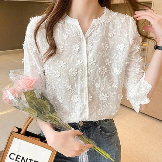 Lace Embroidered Floral Short Sleeve Casual White Bloshope