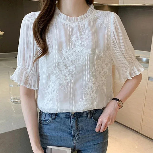 Lace Chiffon Short Sleeve Embroidery Bloshope