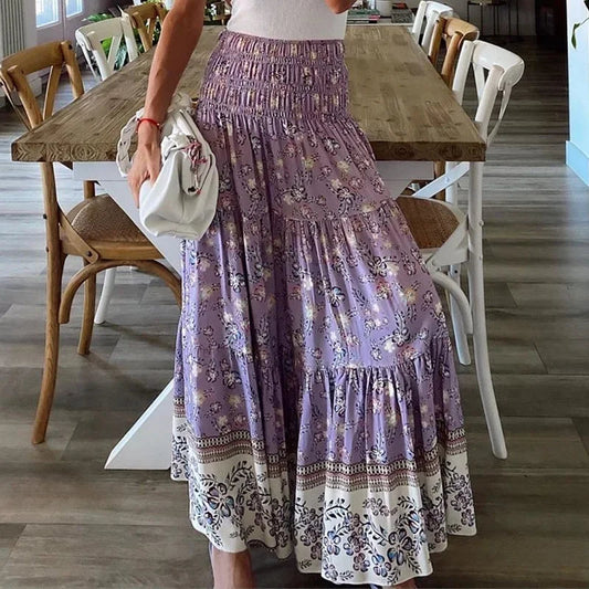 Summer New Women's Printing Skirt Elastic High Waist Pleated Boho