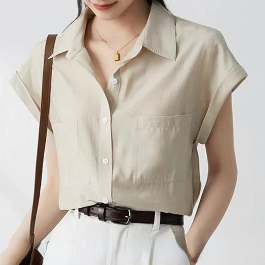 Retro Loose Lapel Pocket Short Sleeve Bloshope