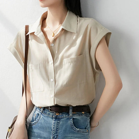 Retro Loose Lapel Pocket Short Sleeve Bloshope