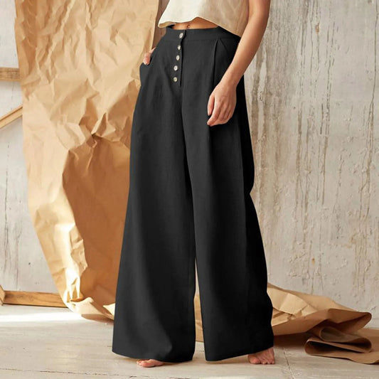 Flared Solid Color High Waist Cotton Linen Pant