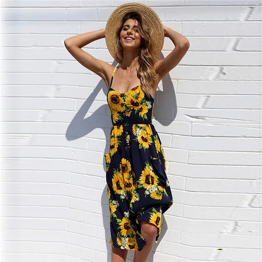 Sshoppender V-neck Sleeveless Floral Vacation Dress