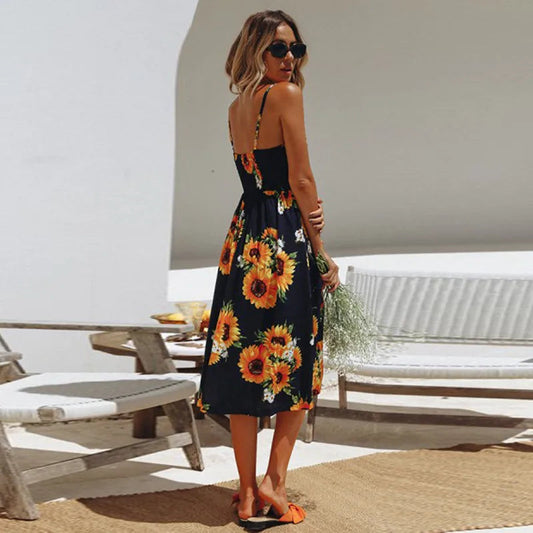 Sshoppender V-neck Sleeveless Floral Vacation Dress