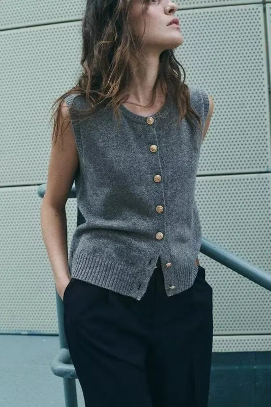 Round Neck Gold Button Sleeveless Cardigan