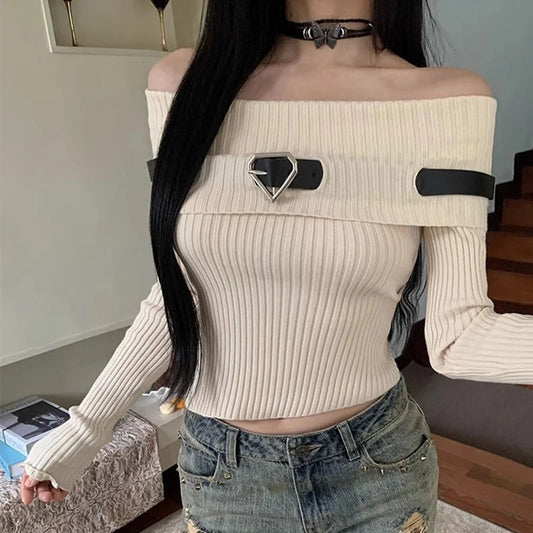 Sweet Off Shoulder Ribbed Crop Long Sleeve Slim Fit Knit Top