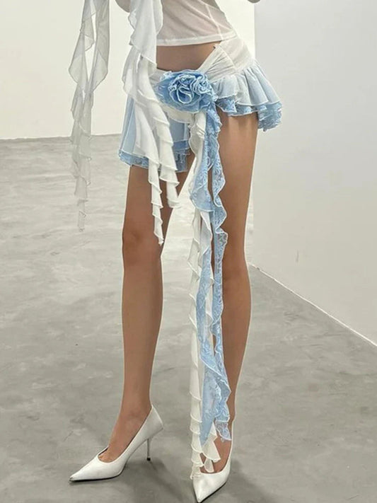 Flower Lace Mini Skirt Asymmetrical Ruffle High Street Skirt