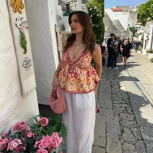 Embroidery Tassel Strap Crop Top