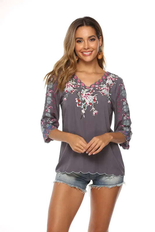 V-Neck Loose Casual Cotton Floral Embroidery Boho Bloshope