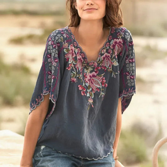 V-Neck Loose Casual Cotton Floral Embroidery Boho Bloshope