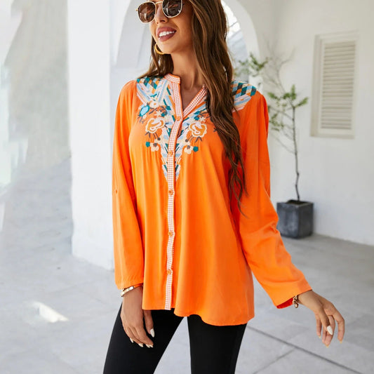 Casual Floral Embroidery Oversize Cotton Long Sleeve Boho Bloshope