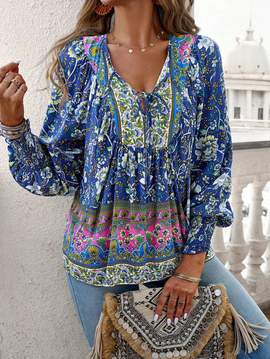 Casual V-Neck Floral Print Long Sleeve Boho Bloshope