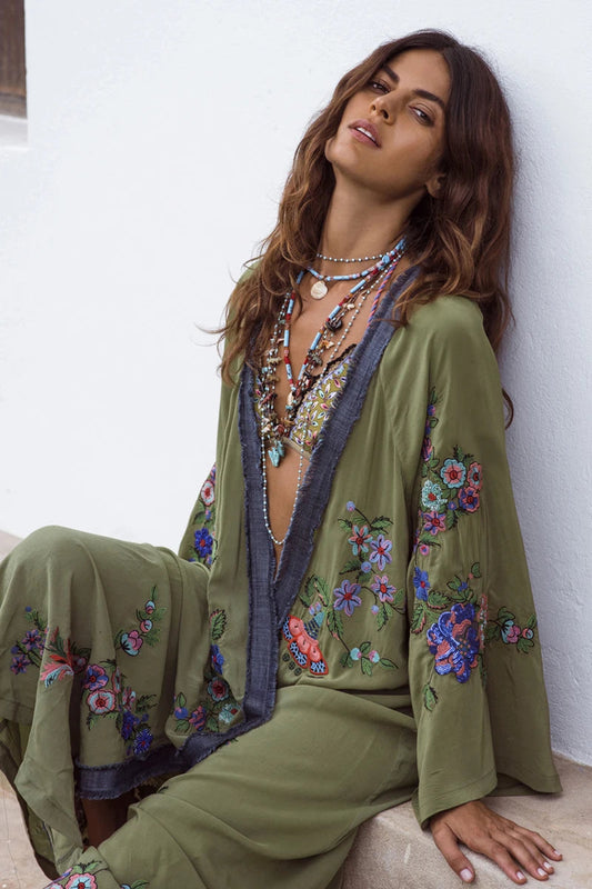 Long Floral Embroidery Beach Cover-Up Boho Cardigan