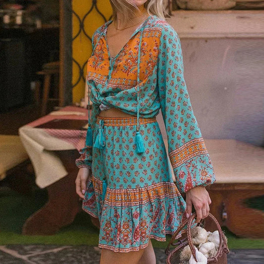 Long Sleeve Floral Print V-Neck Tassel Boho Bloshope