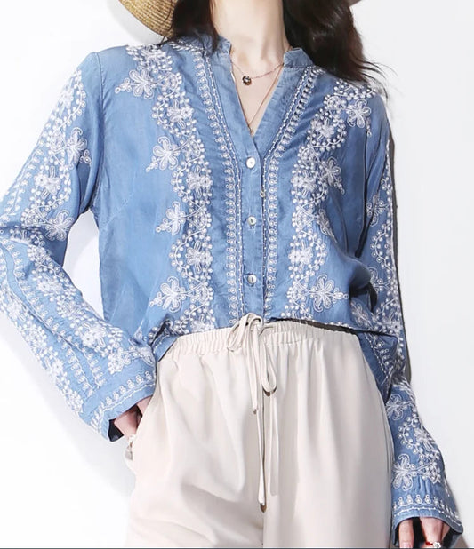 Vintage Floral Embroidery Cotton Denim Long Sleeve Boho Bloshope