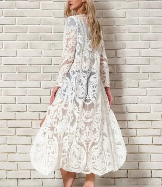 White Lace Floral Embroidery Boho Cover up